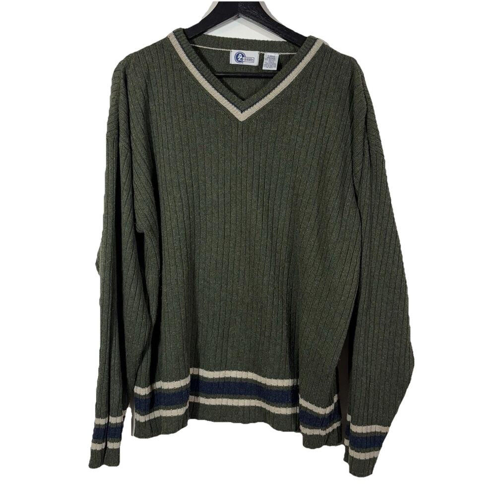 Grandpa Sweater Olive Green Stripe Mens Large Silk Lambswool Blend 90s Arizona